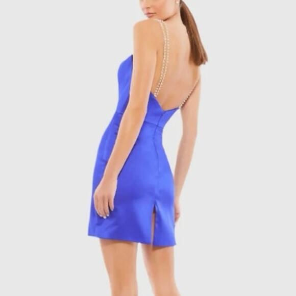 Mac Duggal Ieena 55691 Rhinestone Strap Satin Mini Dress Cobalt Blue - Picture 3 of 11